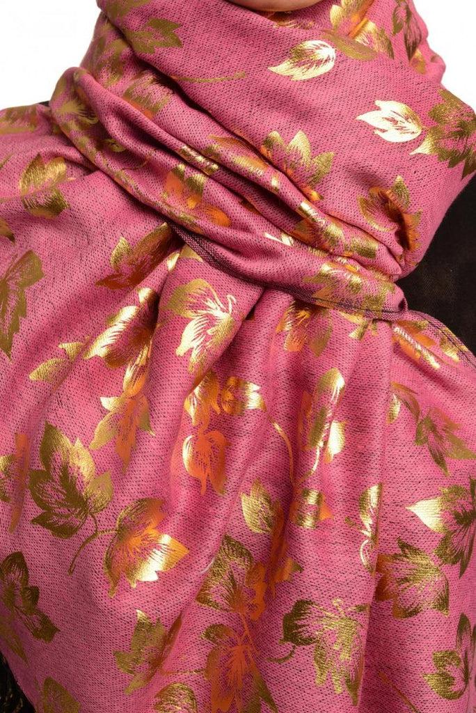 Liss Kiss Gold Leafs Print On Puce Pink Pashmina With Tassels - Scarf