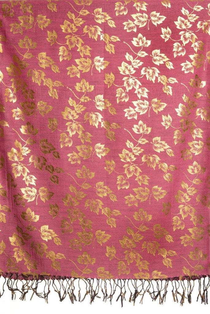 Liss Kiss Gold Leafs Print On Puce Pink Pashmina With Tassels - Scarf