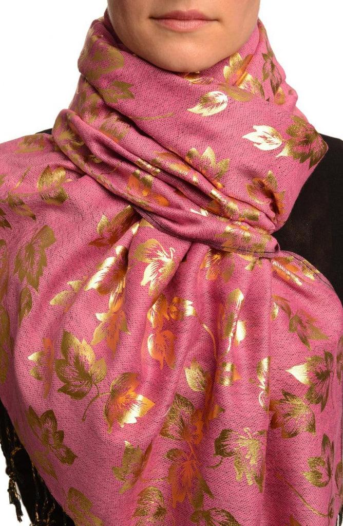 liss kiss Gold Leafs Print On Puce Pink Pashmina With Tassels - Scarf