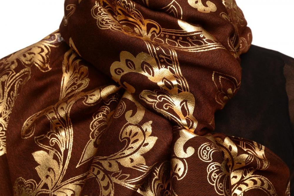 Liss Kiss Gold Lotus Flower Print On Brown Pashmina With Tassels - Scarf