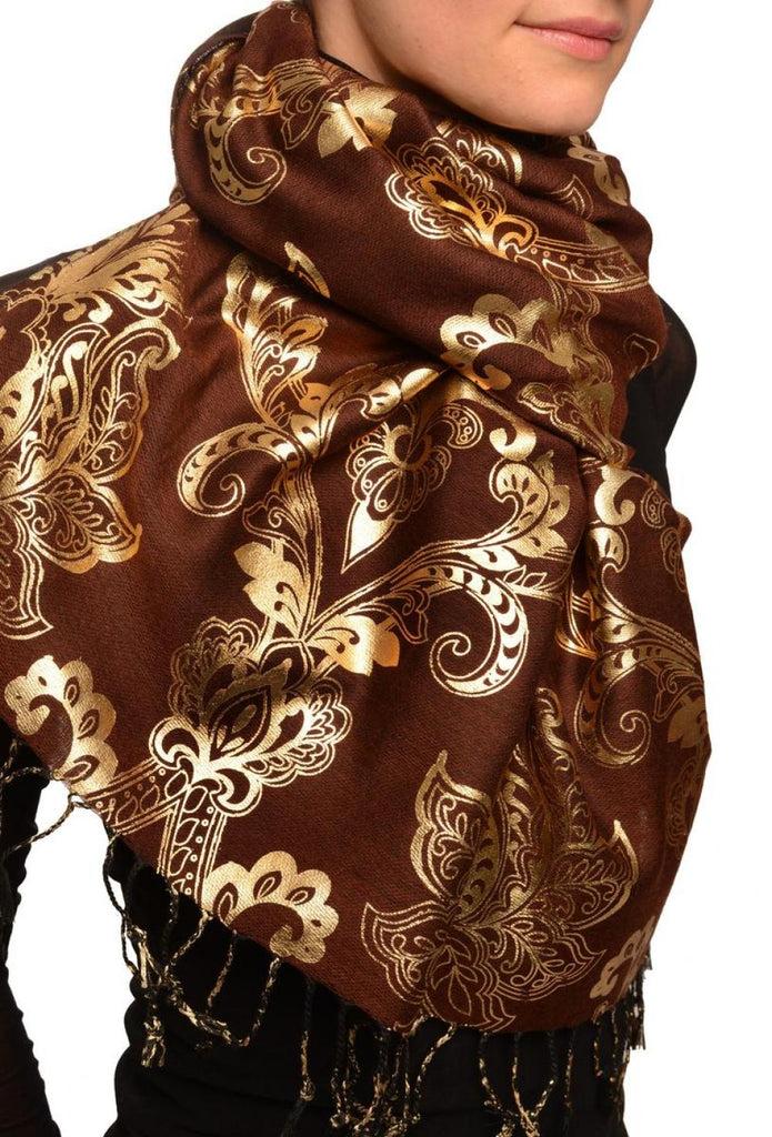 Liss Kiss Gold Lotus Flower Print On Brown Pashmina With Tassels - Scarf