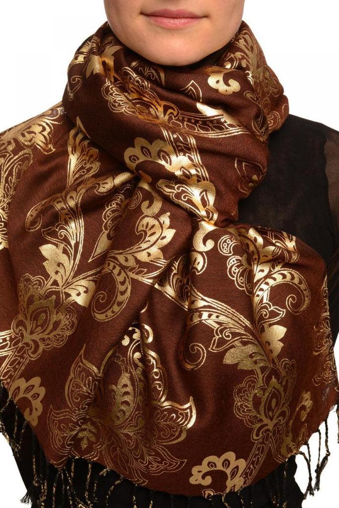 liss kiss Gold Lotus Flower Print On Brown Pashmina With Tassels - Scarf