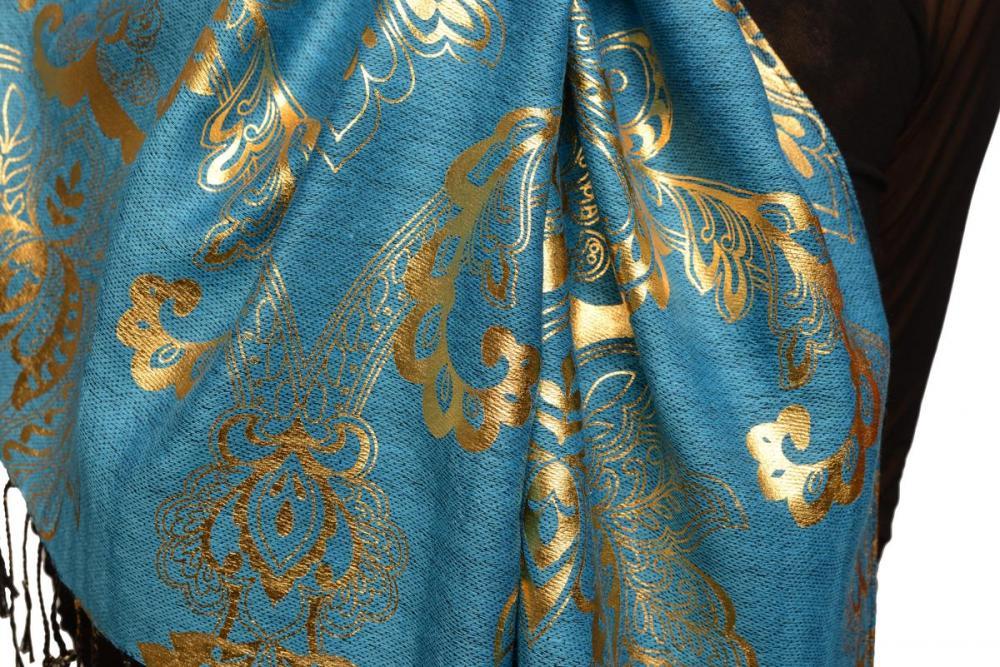 Liss Kiss Gold Lotus Flower Print On Dodger Blue Pashmina With Tassels - Scarf