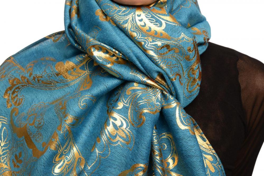 Liss Kiss Gold Lotus Flower Print On Dodger Blue Pashmina With Tassels - Scarf