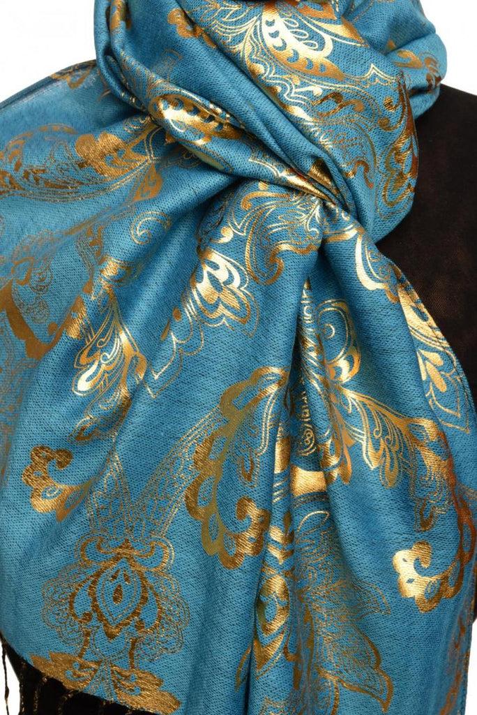Liss Kiss Gold Lotus Flower Print On Dodger Blue Pashmina With Tassels - Scarf