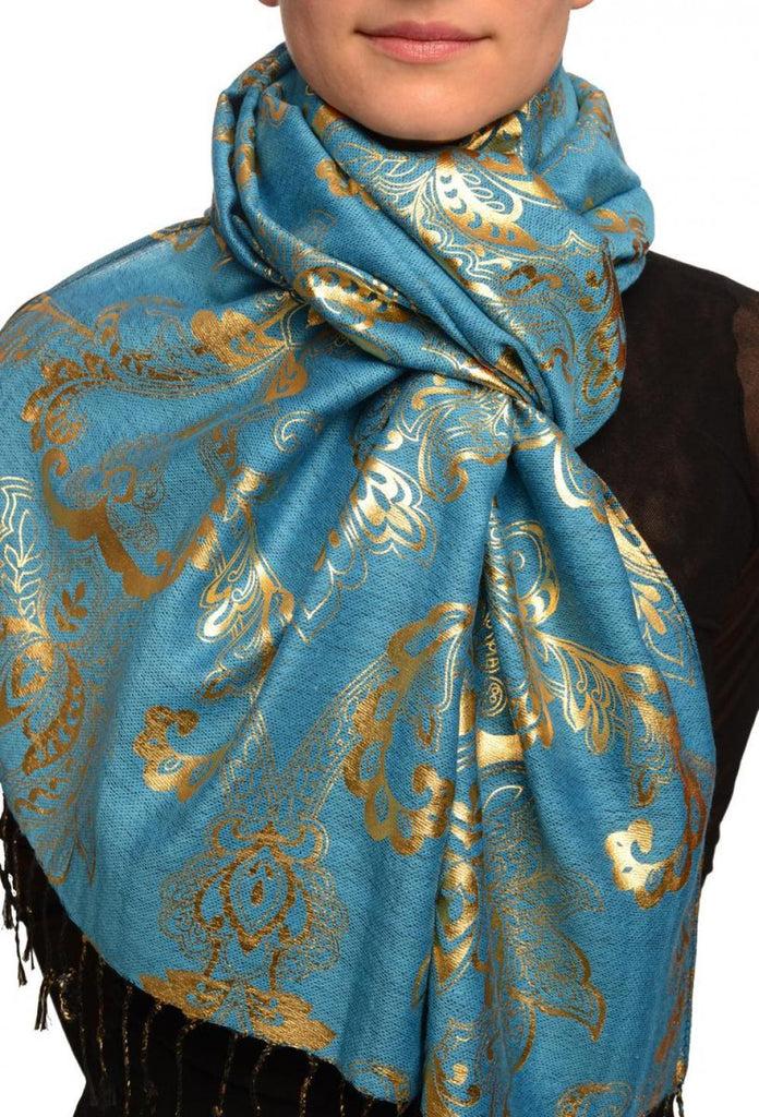 liss kiss Gold Lotus Flower Print On Dodger Blue Pashmina With Tassels - Scarf