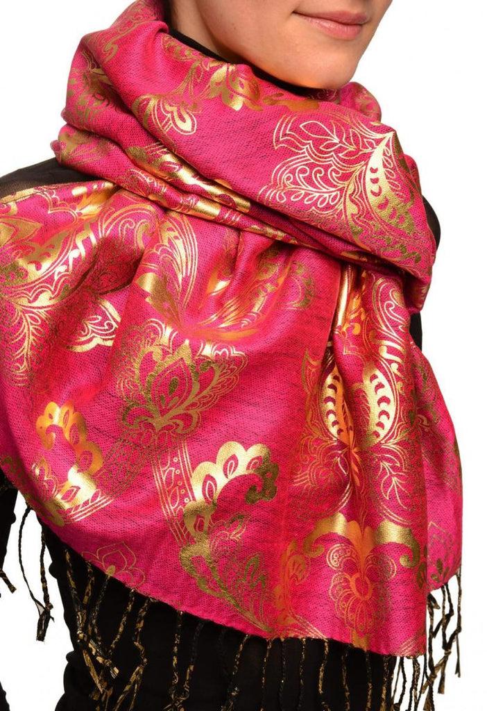 Liss Kiss Gold Lotus Flower Print On Magenta Pashmina With Tassels - Scarf