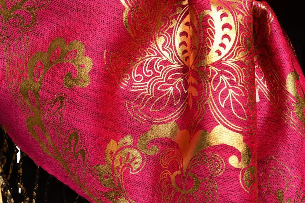 Liss Kiss Gold Lotus Flower Print On Magenta Pashmina With Tassels - Scarf