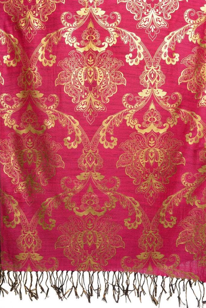 Liss Kiss Gold Lotus Flower Print On Magenta Pashmina With Tassels - Scarf