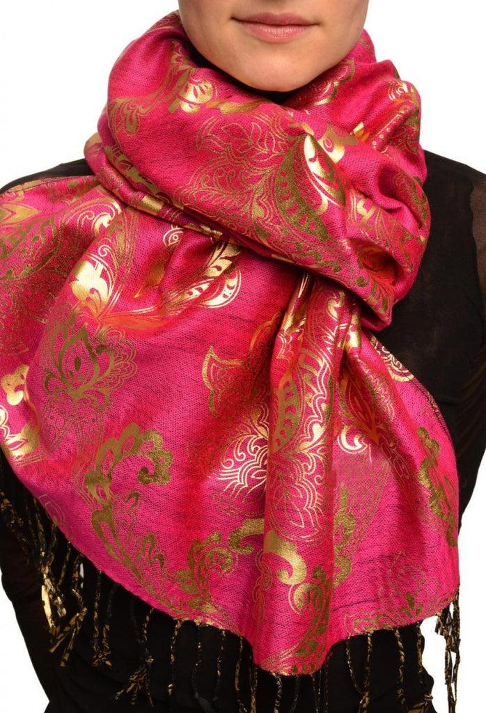 liss kiss Gold Lotus Flower Print On Magenta Pashmina With Tassels - Scarf