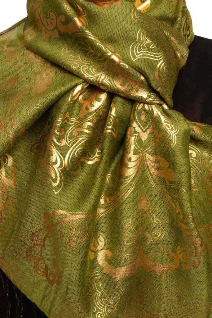 Liss Kiss Gold Lotus Flower Print On Olive Green Pashmina With Tassels - Scarf