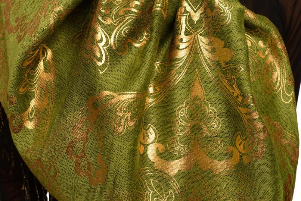Liss Kiss Gold Lotus Flower Print On Olive Green Pashmina With Tassels - Scarf