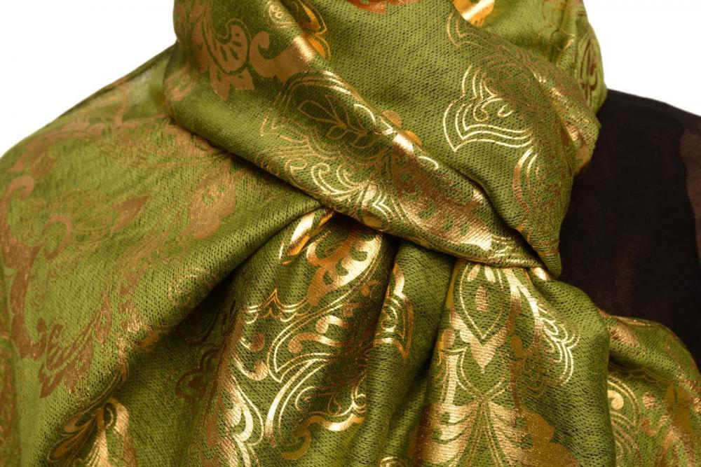Liss Kiss Gold Lotus Flower Print On Olive Green Pashmina With Tassels - Scarf