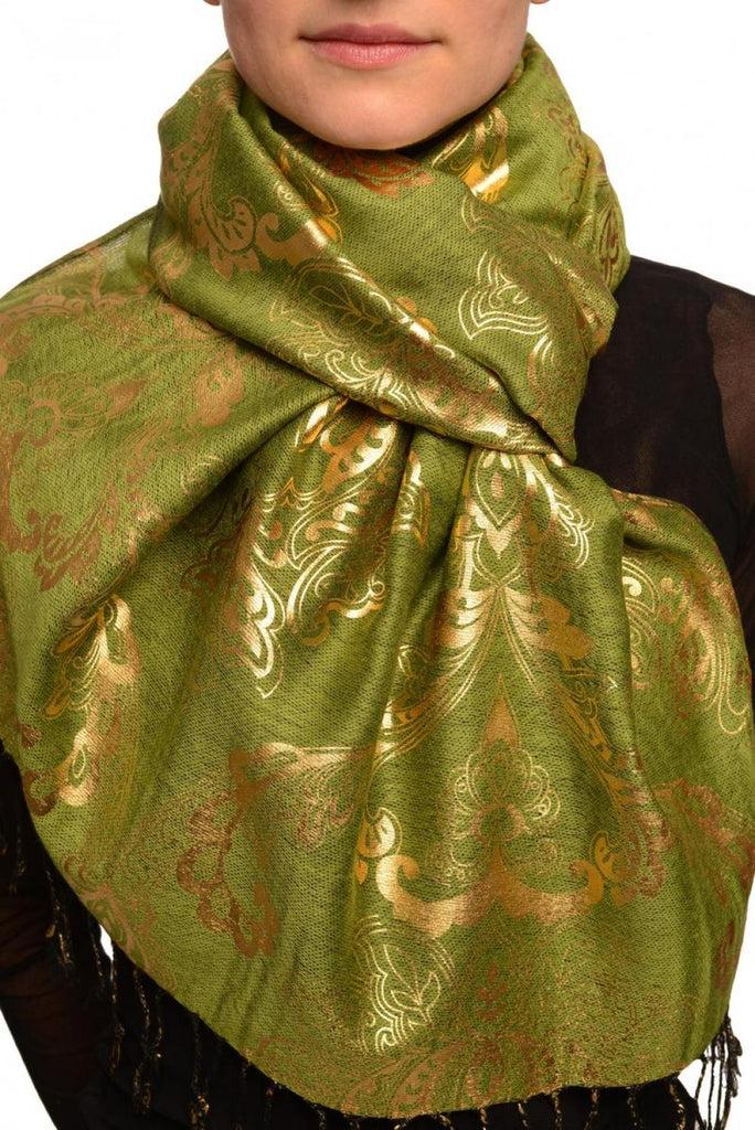liss kiss Gold Lotus Flower Print On Olive Green Pashmina With Tassels - Scarf