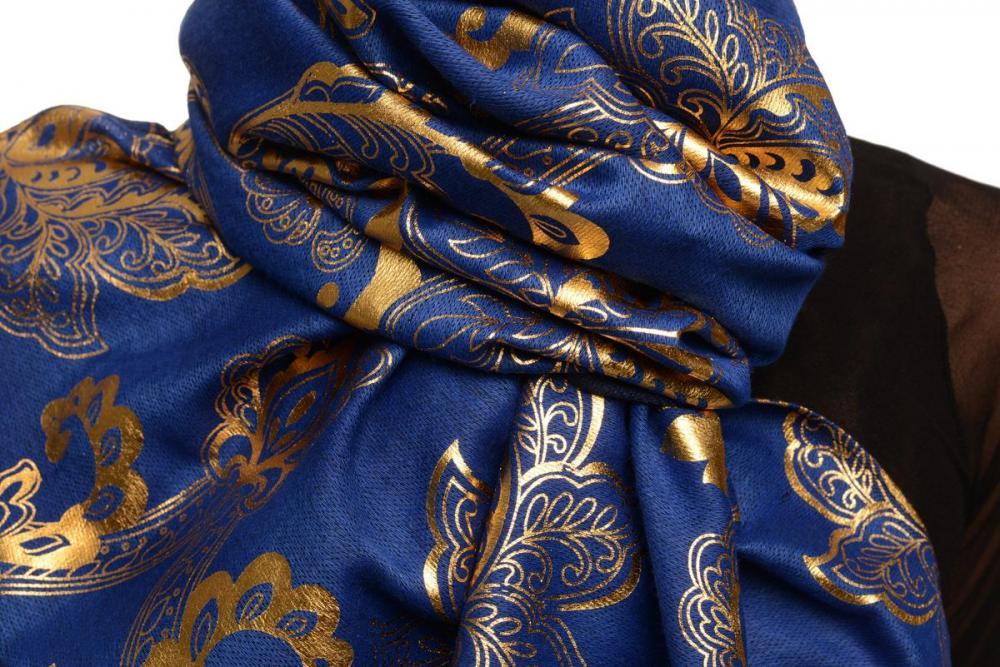 Liss Kiss Gold Lotus Flower Print On Persian Prussian Pashmina With Tassels - Scarf