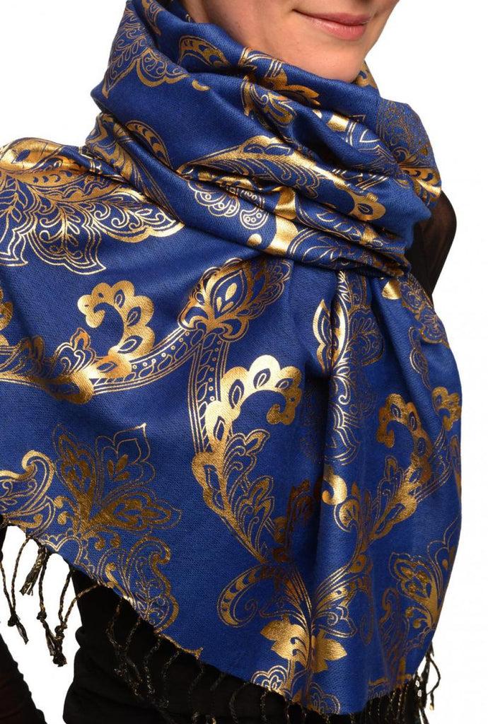 Liss Kiss Gold Lotus Flower Print On Persian Prussian Pashmina With Tassels - Scarf