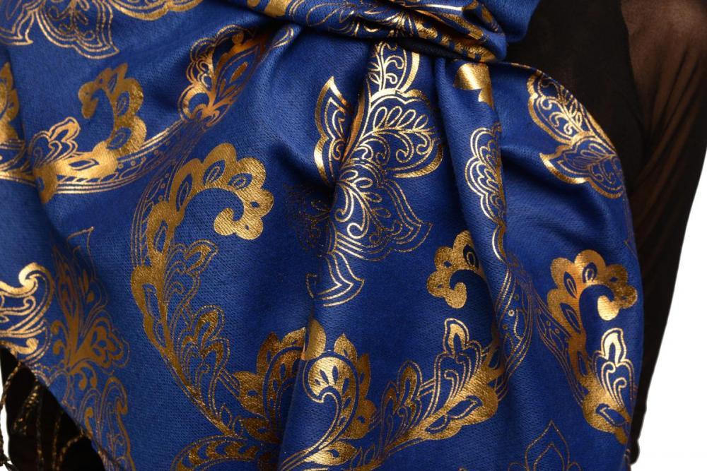 Liss Kiss Gold Lotus Flower Print On Persian Prussian Pashmina With Tassels - Scarf