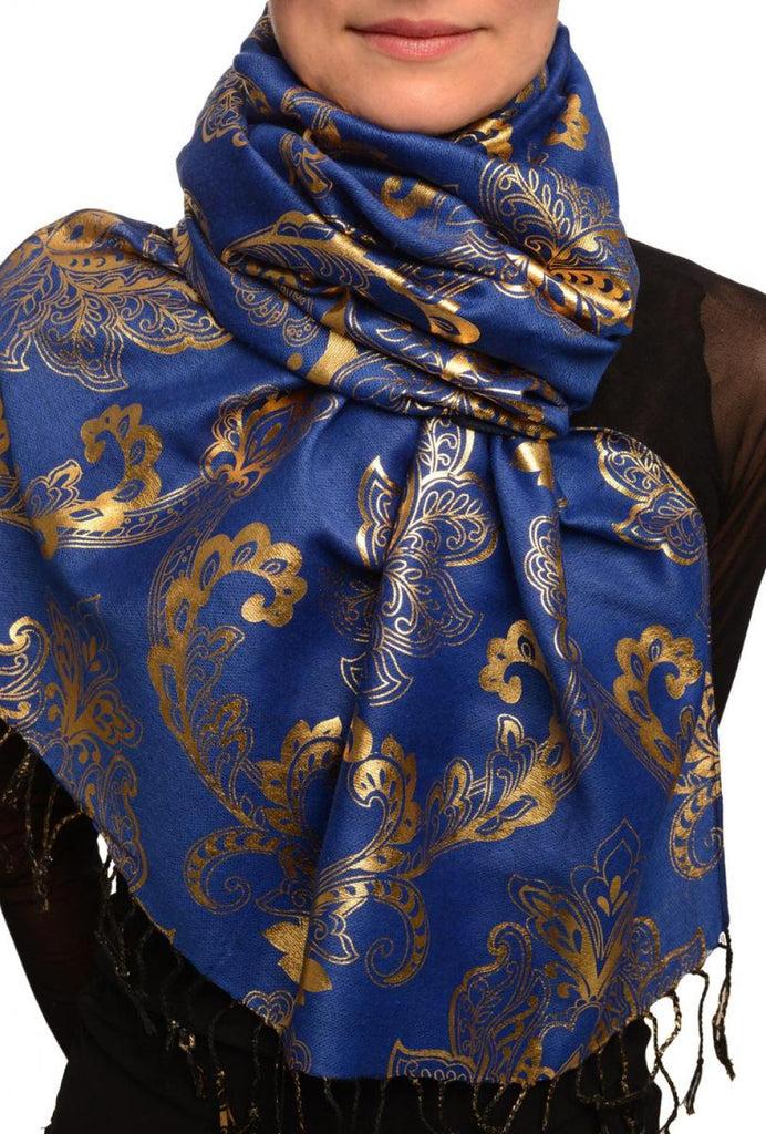liss kiss Gold Lotus Flower Print On Persian Prussian Pashmina With Tassels - Scarf