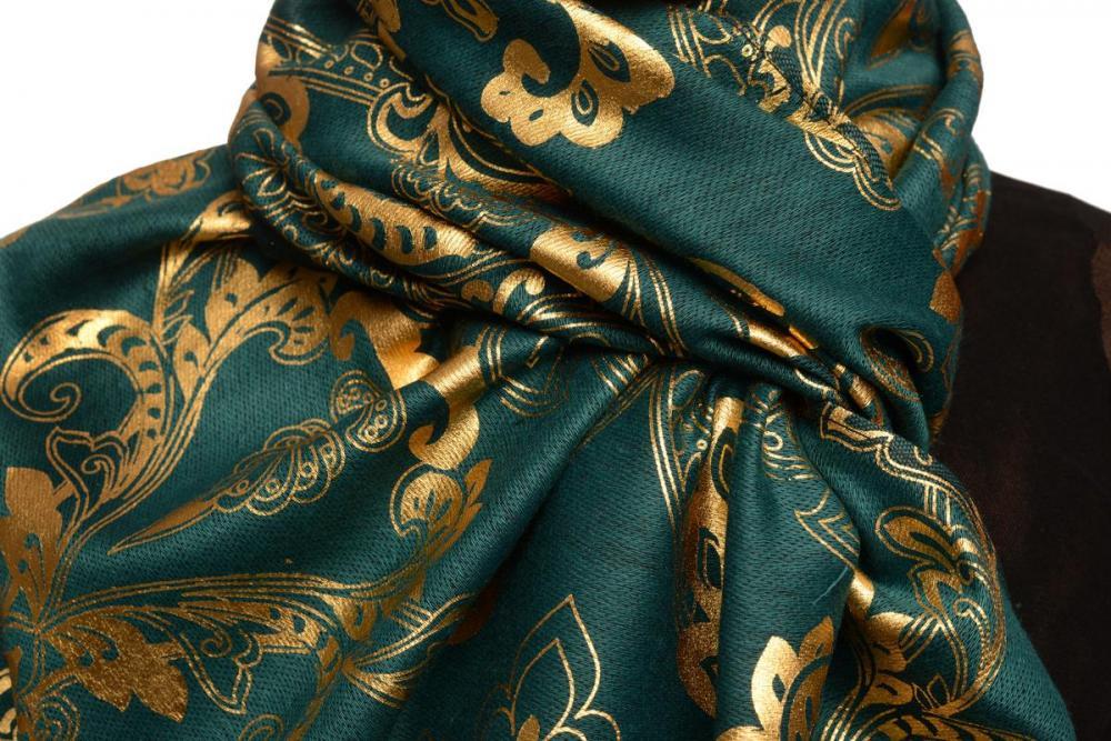 Liss Kiss Gold Lotus Flower Print On Prussian Pashmina With Tassels - Scarf