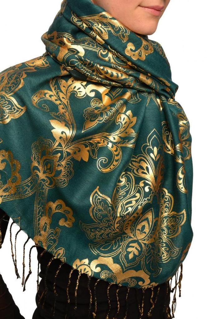 Liss Kiss Gold Lotus Flower Print On Prussian Pashmina With Tassels - Scarf