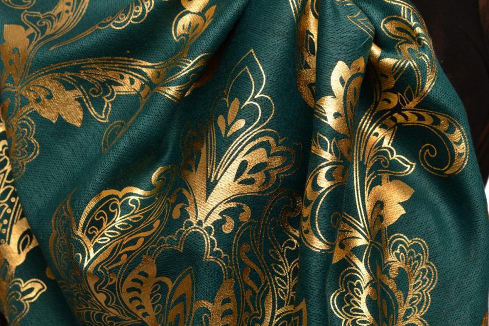 Liss Kiss Gold Lotus Flower Print On Prussian Pashmina With Tassels - Scarf