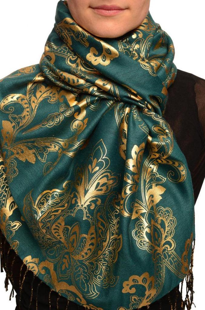 liss kiss Gold Lotus Flower Print On Prussian Pashmina With Tassels - Scarf