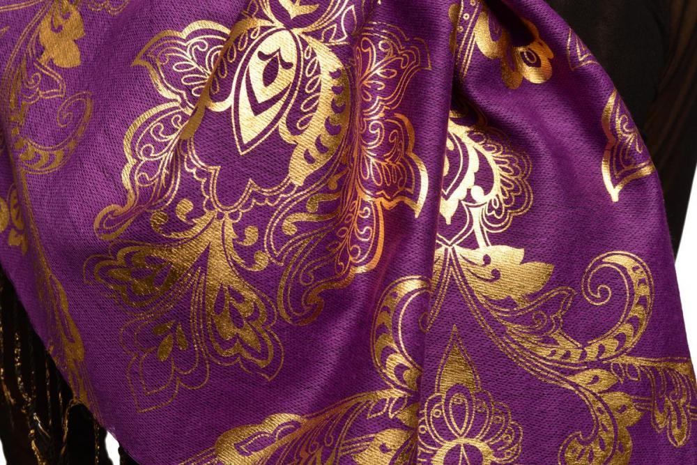 Liss Kiss Gold Lotus Flower Print On Purple Pashmina With Tassels - Scarf