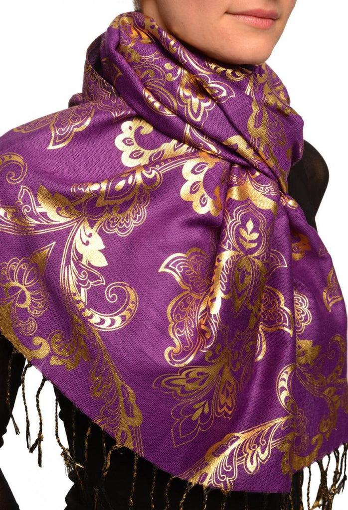 Liss Kiss Gold Lotus Flower Print On Purple Pashmina With Tassels - Scarf