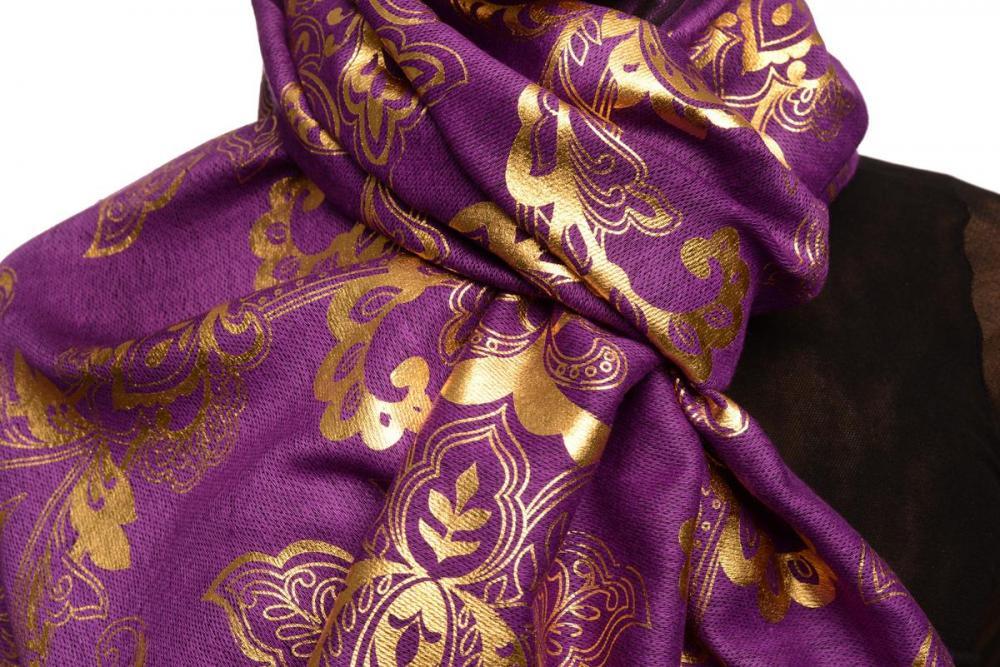 Liss Kiss Gold Lotus Flower Print On Purple Pashmina With Tassels - Scarf
