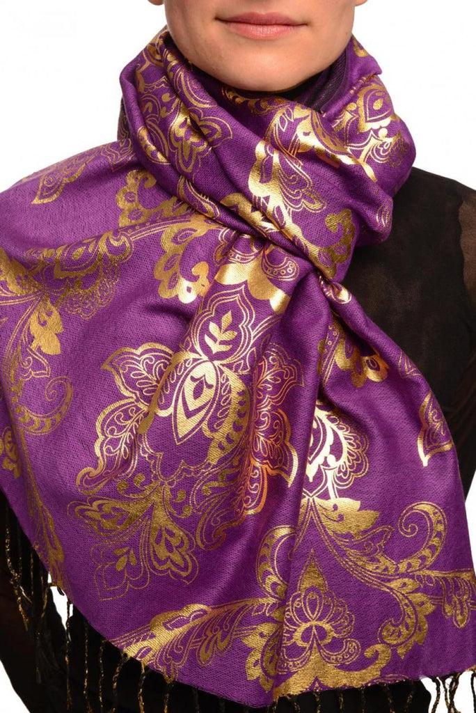 liss kiss Gold Lotus Flower Print On Purple Pashmina With Tassels - Scarf