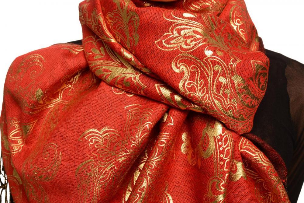 Liss Kiss Gold Lotus Flower Print On Red Pashmina With Tassels - Scarf