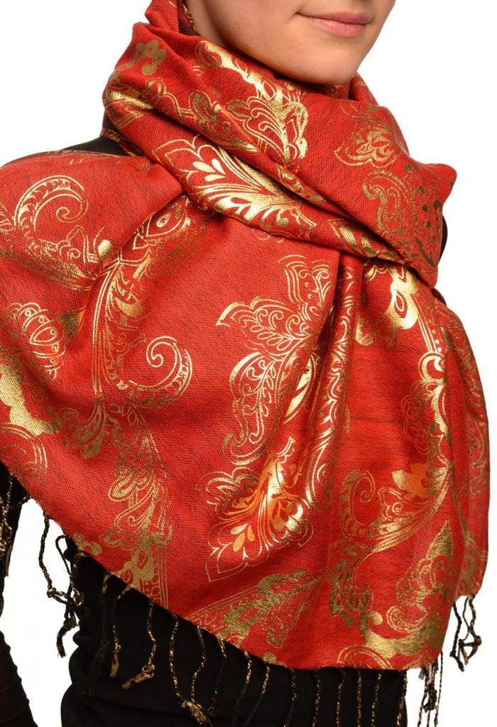 Liss Kiss Gold Lotus Flower Print On Red Pashmina With Tassels - Scarf