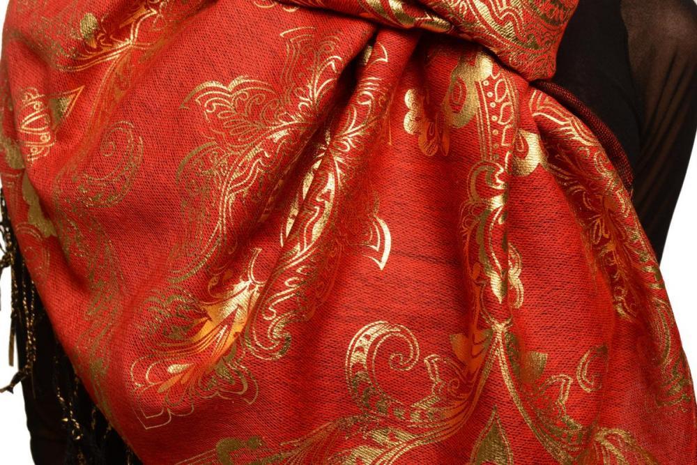 Liss Kiss Gold Lotus Flower Print On Red Pashmina With Tassels - Scarf