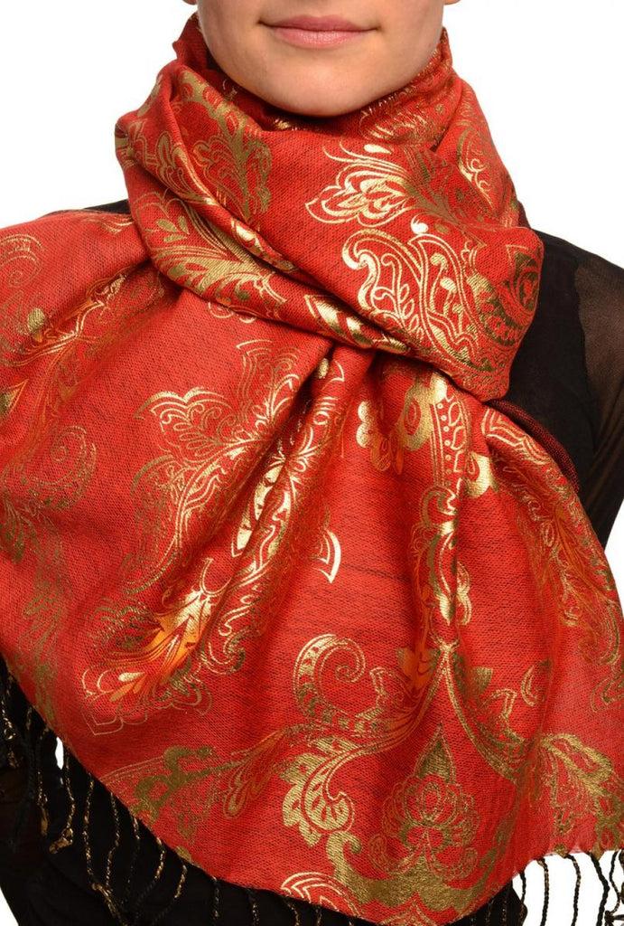 Liss Kiss Gold Lotus Flower Print On Red Pashmina With Tassels - Scarf