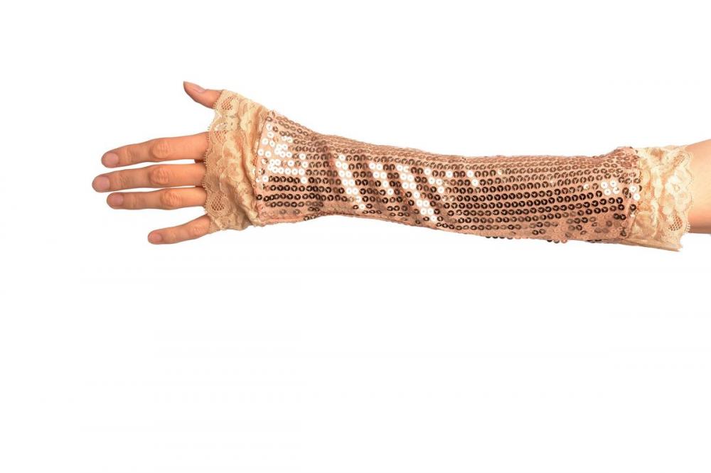 Liss Kiss Gold Sequin Elbow Party Gloves With Lace - Gloves