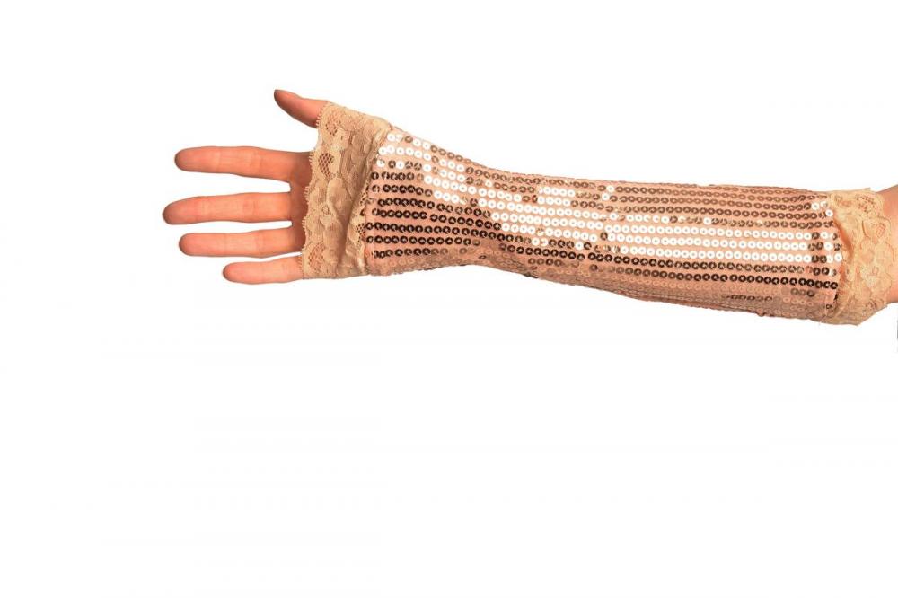 Liss Kiss Gold Sequin Elbow Party Gloves With Lace - Gloves
