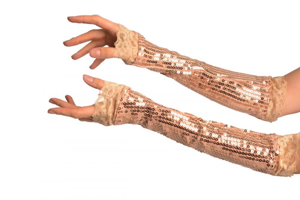 liss kiss Gold Sequin Elbow Party Gloves With Lace - Gloves