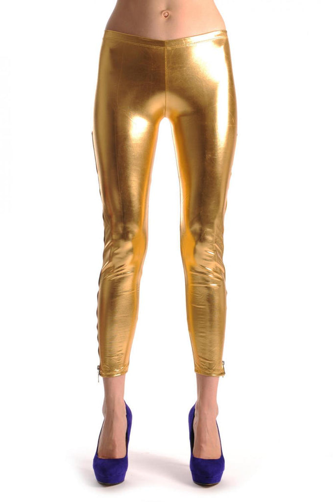 Liss Kiss Gold Shiny Faux Leather Wet Look With Side Zip - Leggings
