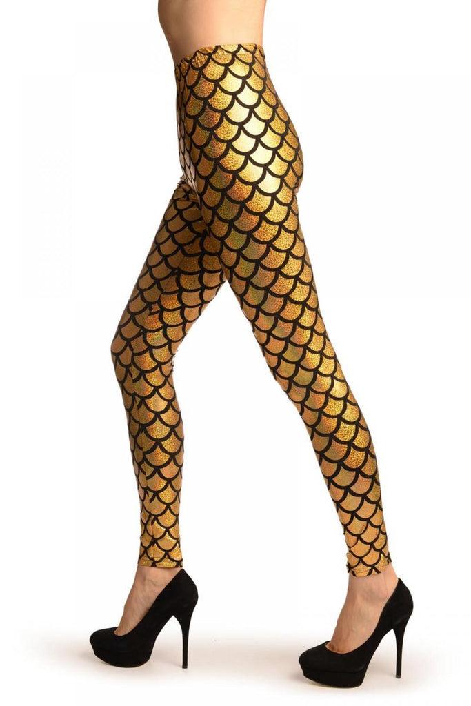Liss Kiss Gold Shiny Gloss Mermaid Scales Leggings - Leggings