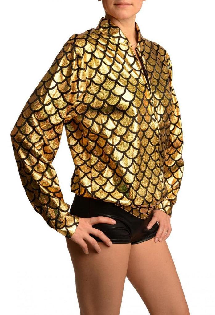 Liss Kiss Gold Shiny Gloss Mermaid Scales Unisex Zip Disco Jacket - Jacket