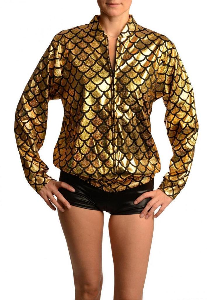 liss kiss Gold Shiny Gloss Mermaid Scales Unisex Zip Disco Jacket - Jacket