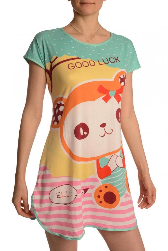 Liss Kiss Good Luck Bear On Tea Green Lightweight Dress - Dress