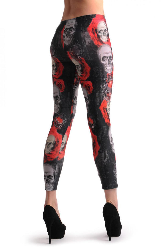 Liss Kiss Gothic Skull With Red Roses & The Lock - Leggings