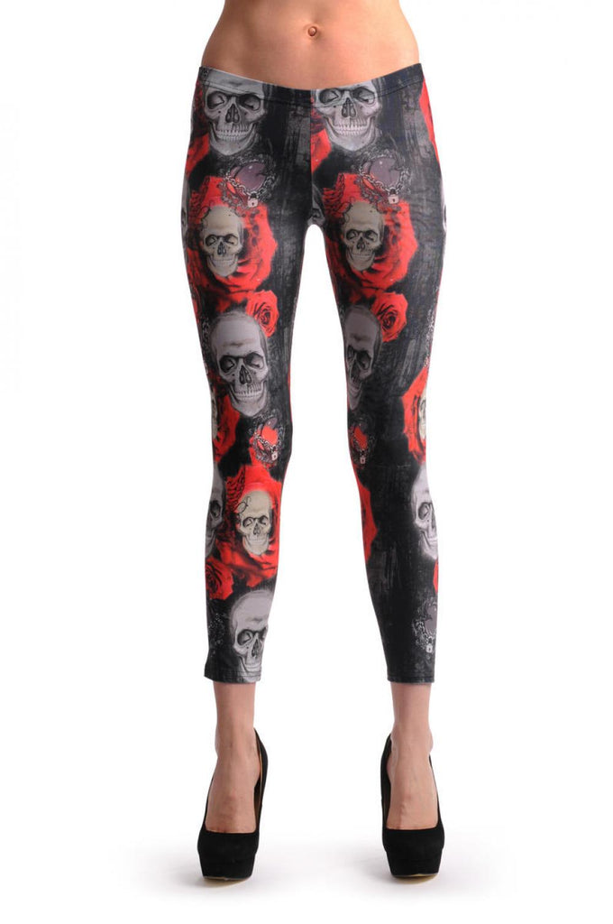 Liss Kiss Gothic Skull With Red Roses & The Lock - Leggings