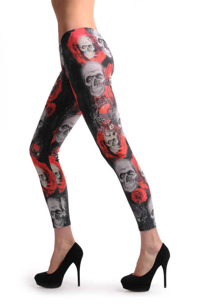 liss kiss Gothic Skull With Red Roses & The Lock - Leggings