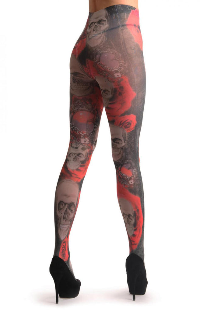 Liss Kiss Gothic Skull With Red Roses & The Lock - Tights