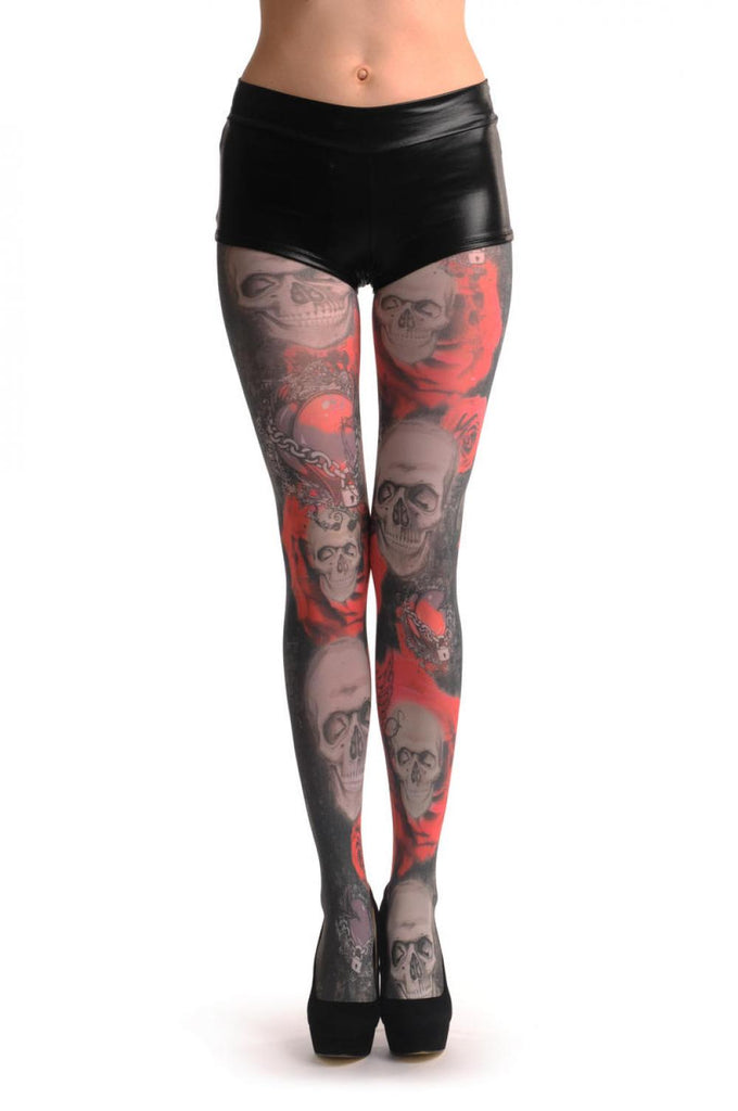 liss kiss Gothic Skull With Red Roses & The Lock - Tights