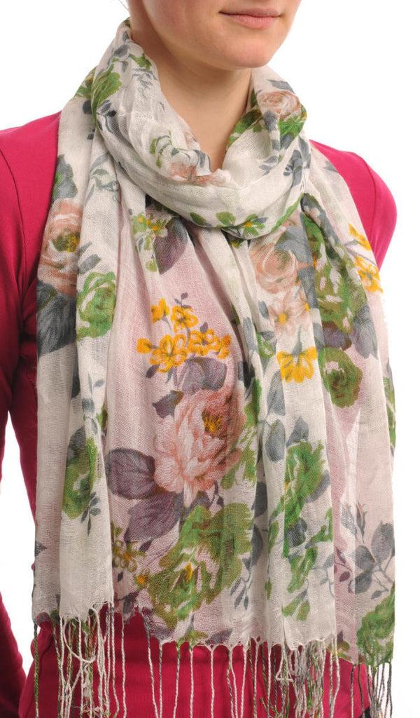 Liss Kiss Green & Beige Roses On White With Tassels - Scarf