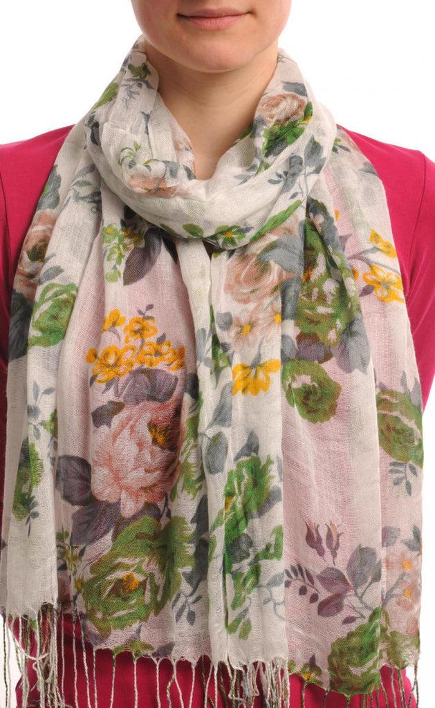 Liss Kiss Green & Beige Roses On White With Tassels - Scarf