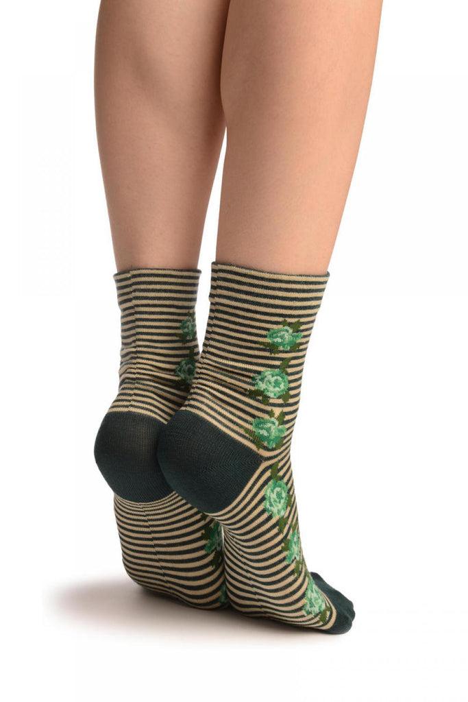 Liss Kiss Green & Beige Stripes & Roses With Comfort Top Ankle High Socks - Socks